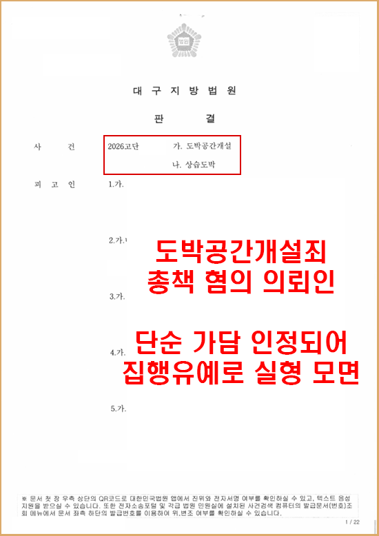 도박공간개설 총책 혐의, 단순 가담을 입증해 집행유예 선고 판결문 1